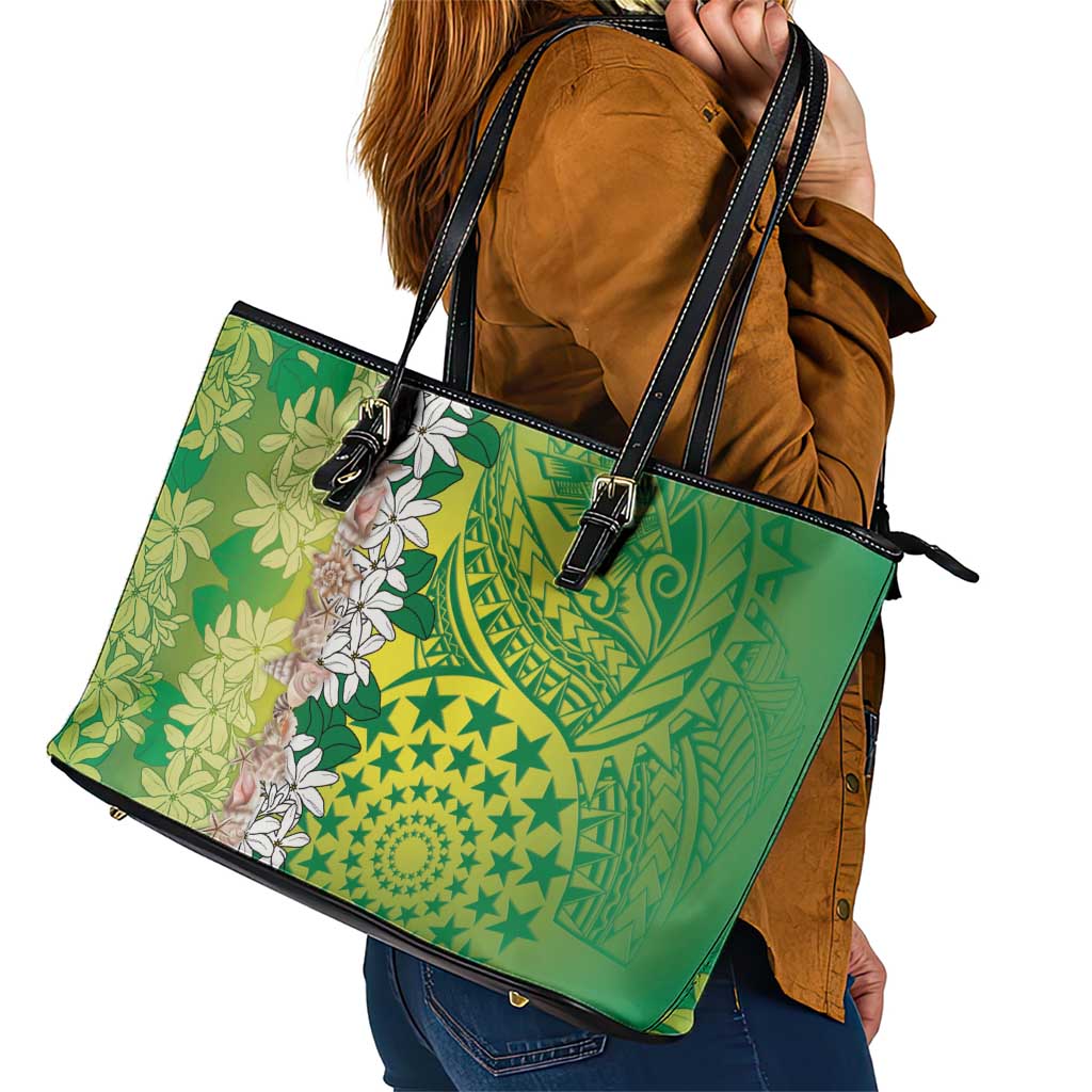 Cook Islands Tiare Maori With Conch Shell Leather Tote Bag Pasifika Fest Polynesian Tattoo Green