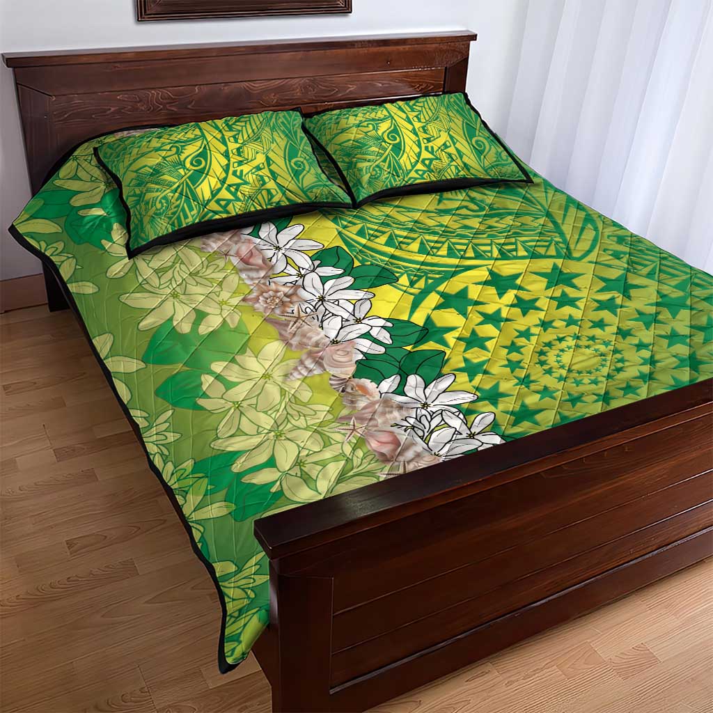 Cook Islands Tiare Maori With Conch Shell Quilt Bed Set Pasifika Fest Polynesian Tattoo Green