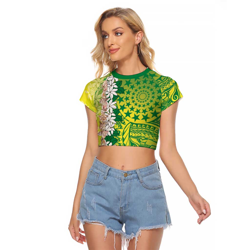 Cook Islands Tiare Maori With Conch Shell Raglan Cropped T Shirt Pasifika Fest Polynesian Tattoo Green