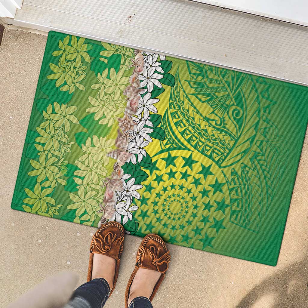 Cook Islands Tiare Maori With Conch Shell Rubber Doormat Pasifika Fest Polynesian Tattoo Green