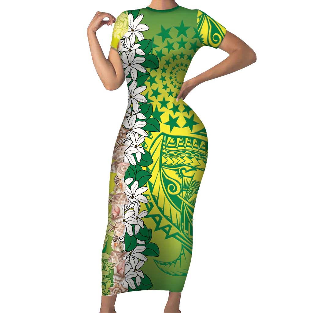 Cook Islands Tiare Maori With Conch Shell Short Sleeve Bodycon Dress Pasifika Fest Polynesian Tattoo Green