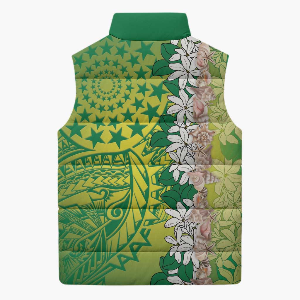 Cook Islands Tiare Maori With Conch Shell Sleeveless Puffer Jacket Pasifika Fest Polynesian Tattoo Green