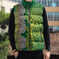 Cook Islands Tiare Maori With Conch Shell Sleeveless Puffer Jacket Pasifika Fest Polynesian Tattoo Green