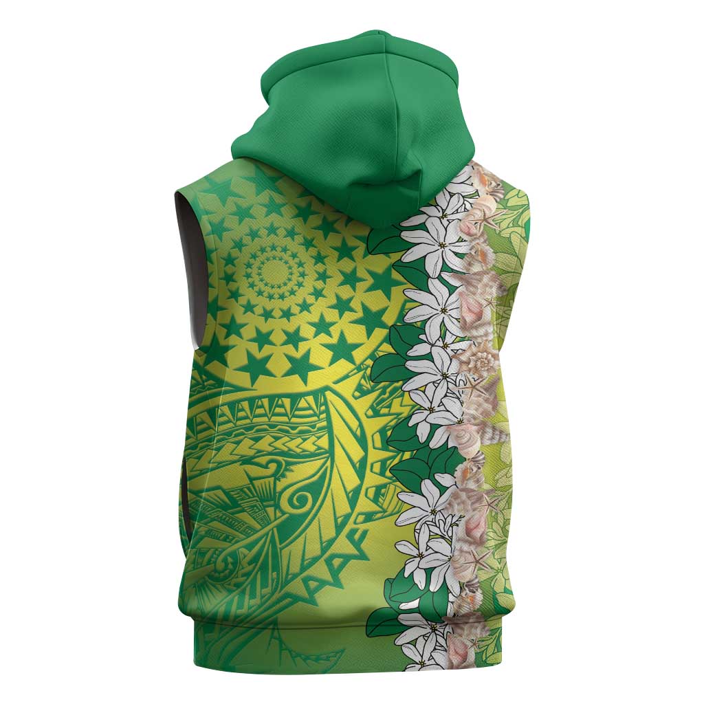 Cook Islands Tiare Maori With Conch Shell Sleeveless Zip Hoodie Pasifika Fest Polynesian Tattoo Green