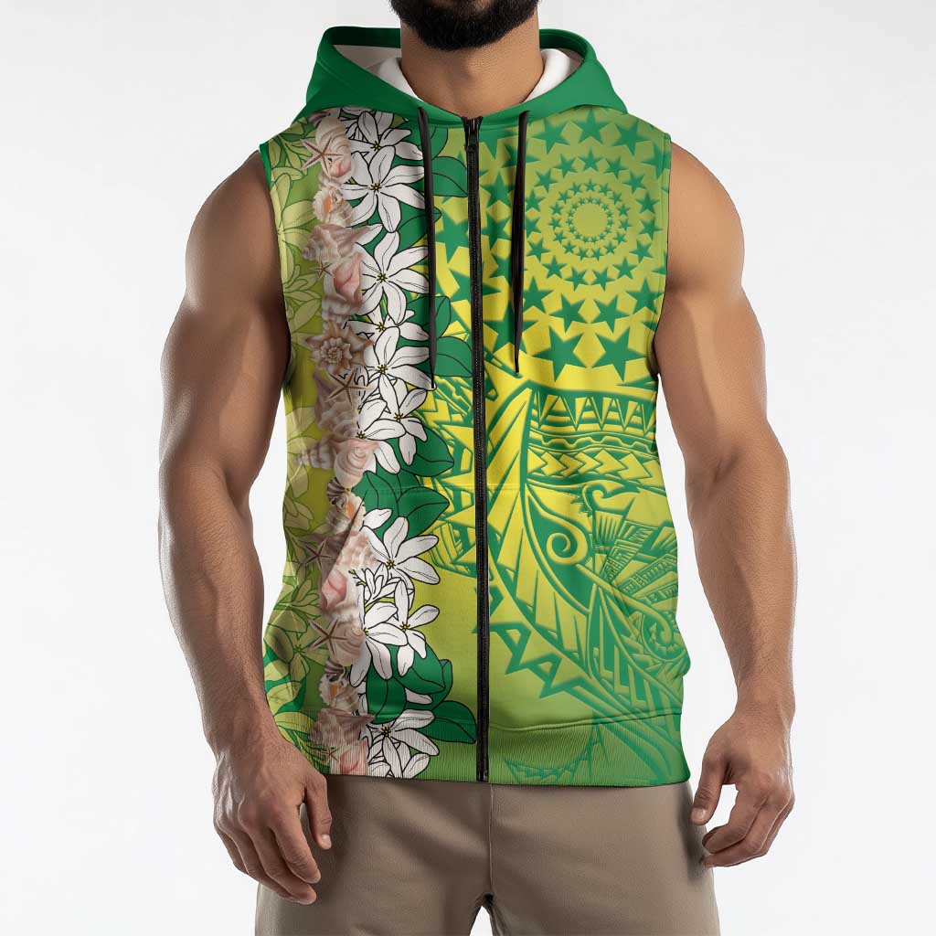 Cook Islands Tiare Maori With Conch Shell Sleeveless Zip Hoodie Pasifika Fest Polynesian Tattoo Green