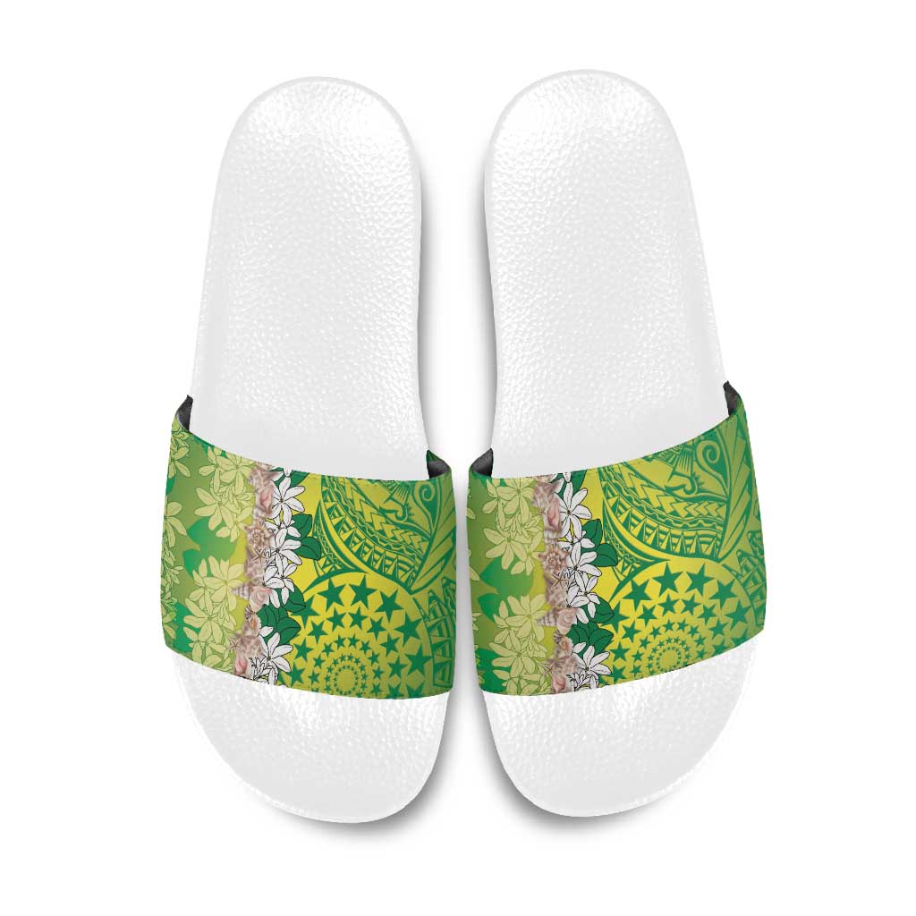 Cook Islands Tiare Maori With Conch Shell Slide Sandals Pasifika Fest Polynesian Tattoo Green