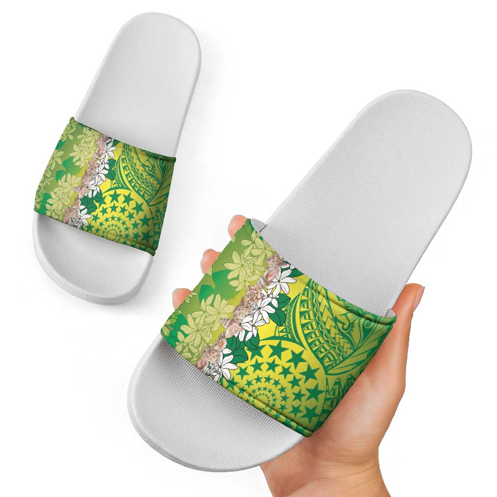 Cook Islands Tiare Maori With Conch Shell Slide Sandals Pasifika Fest Polynesian Tattoo Green