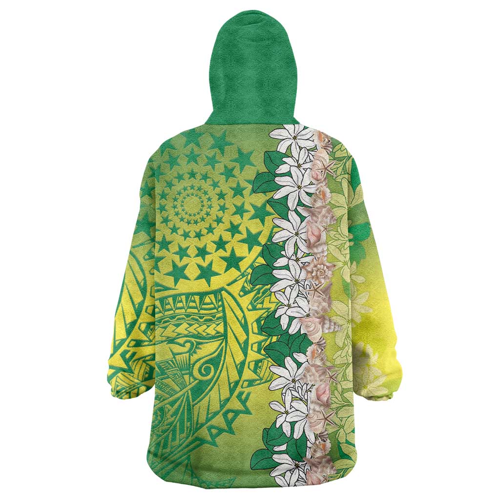 Cook Islands Tiare Maori With Conch Shell Wearable Blanket Hoodie Pasifika Fest Polynesian Tattoo Green