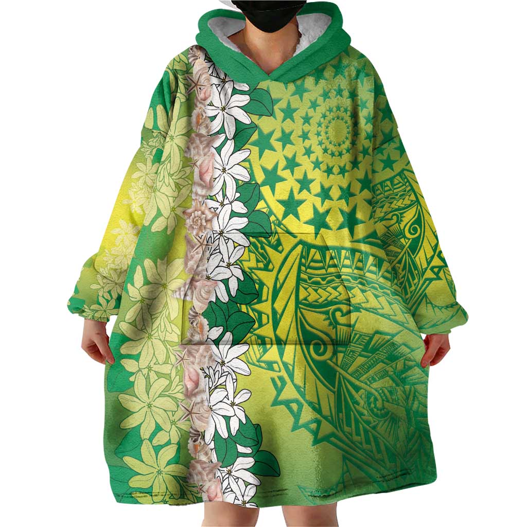 Cook Islands Tiare Maori With Conch Shell Wearable Blanket Hoodie Pasifika Fest Polynesian Tattoo Green