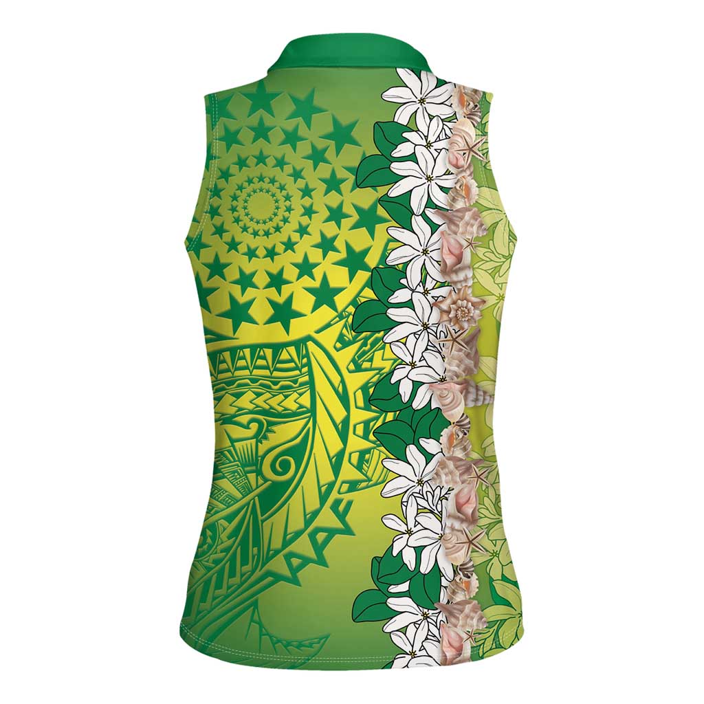 Cook Islands Tiare Maori With Conch Shell Women Sleeveless Polo Shirt Pasifika Fest Polynesian Tattoo Green