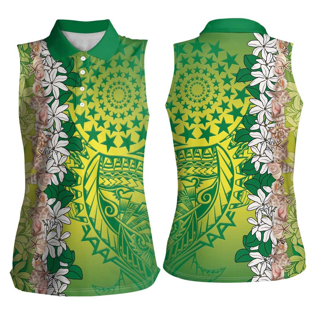 Cook Islands Tiare Maori With Conch Shell Women Sleeveless Polo Shirt Pasifika Fest Polynesian Tattoo Green