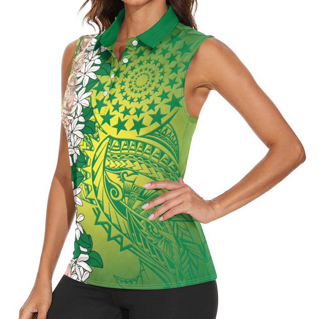 Cook Islands Tiare Maori With Conch Shell Women Sleeveless Polo Shirt Pasifika Fest Polynesian Tattoo Green
