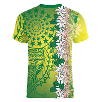 Cook Islands Tiare Maori With Conch Shell Women V-Neck T-Shirt Pasifika Fest Polynesian Tattoo Green
