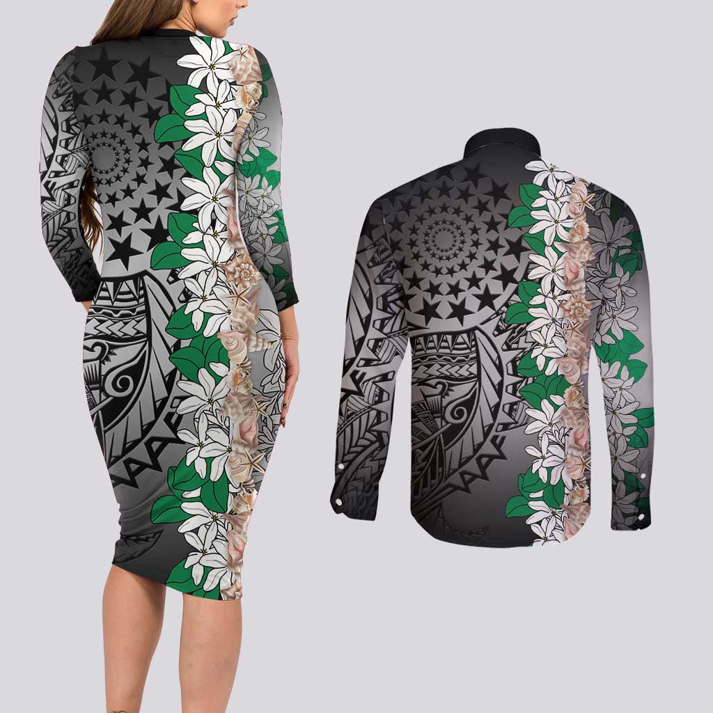 Cook Islands Tiare Maori With Conch Shell Couples Matching Long Sleeve Bodycon Dress and Long Sleeve Button Shirt Pasifika Fest Polynesian Tattoo Black