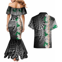 Cook Islands Tiare Maori With Conch Shell Couples Matching Mermaid Dress and Hawaiian Shirt Pasifika Fest Polynesian Tattoo Black