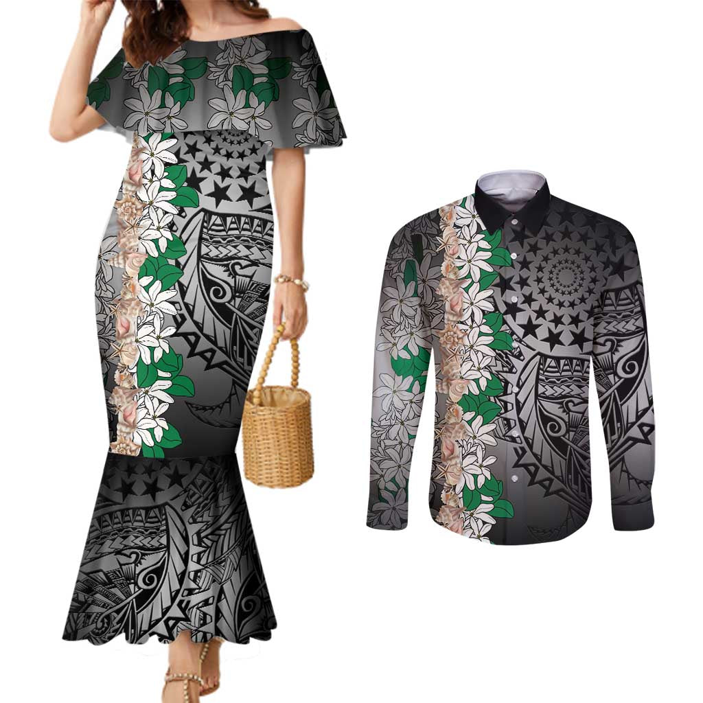 Cook Islands Tiare Maori With Conch Shell Couples Matching Mermaid Dress and Long Sleeve Button Shirt Pasifika Fest Polynesian Tattoo Black
