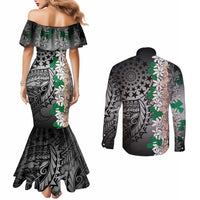 Cook Islands Tiare Maori With Conch Shell Couples Matching Mermaid Dress and Long Sleeve Button Shirt Pasifika Fest Polynesian Tattoo Black