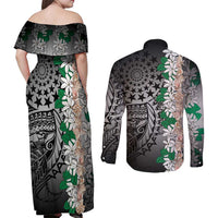 Cook Islands Tiare Maori With Conch Shell Couples Matching Off Shoulder Maxi Dress and Long Sleeve Button Shirt Pasifika Fest Polynesian Tattoo Black