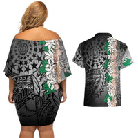 Cook Islands Tiare Maori With Conch Shell Couples Matching Off Shoulder Short Dress and Hawaiian Shirt Pasifika Fest Polynesian Tattoo Black