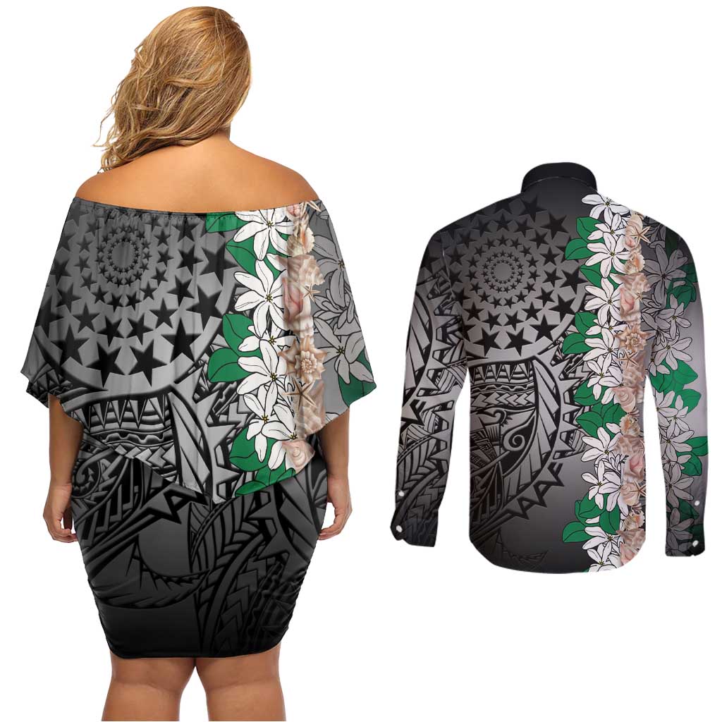 Cook Islands Tiare Maori With Conch Shell Couples Matching Off Shoulder Short Dress and Long Sleeve Button Shirt Pasifika Fest Polynesian Tattoo Black