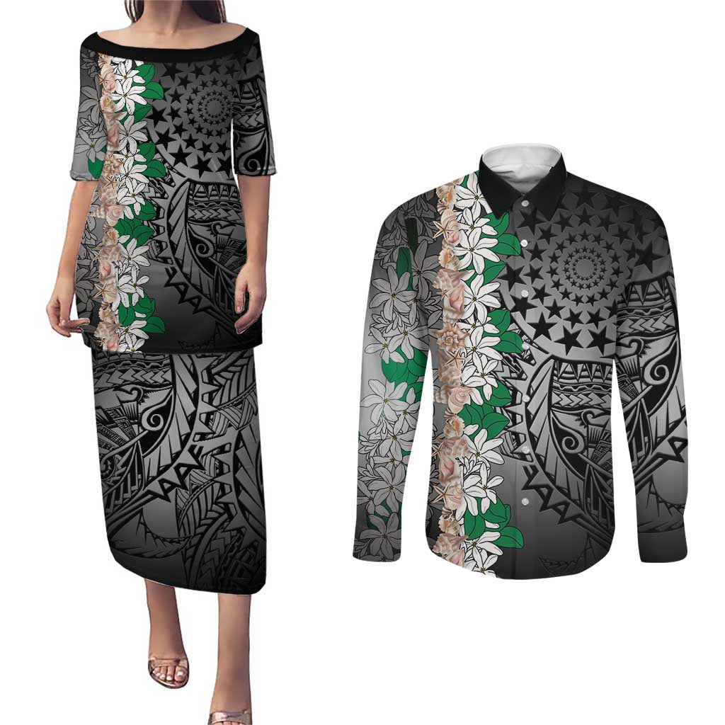 Cook Islands Tiare Maori With Conch Shell Couples Matching Puletasi and Long Sleeve Button Shirt Pasifika Fest Polynesian Tattoo Black