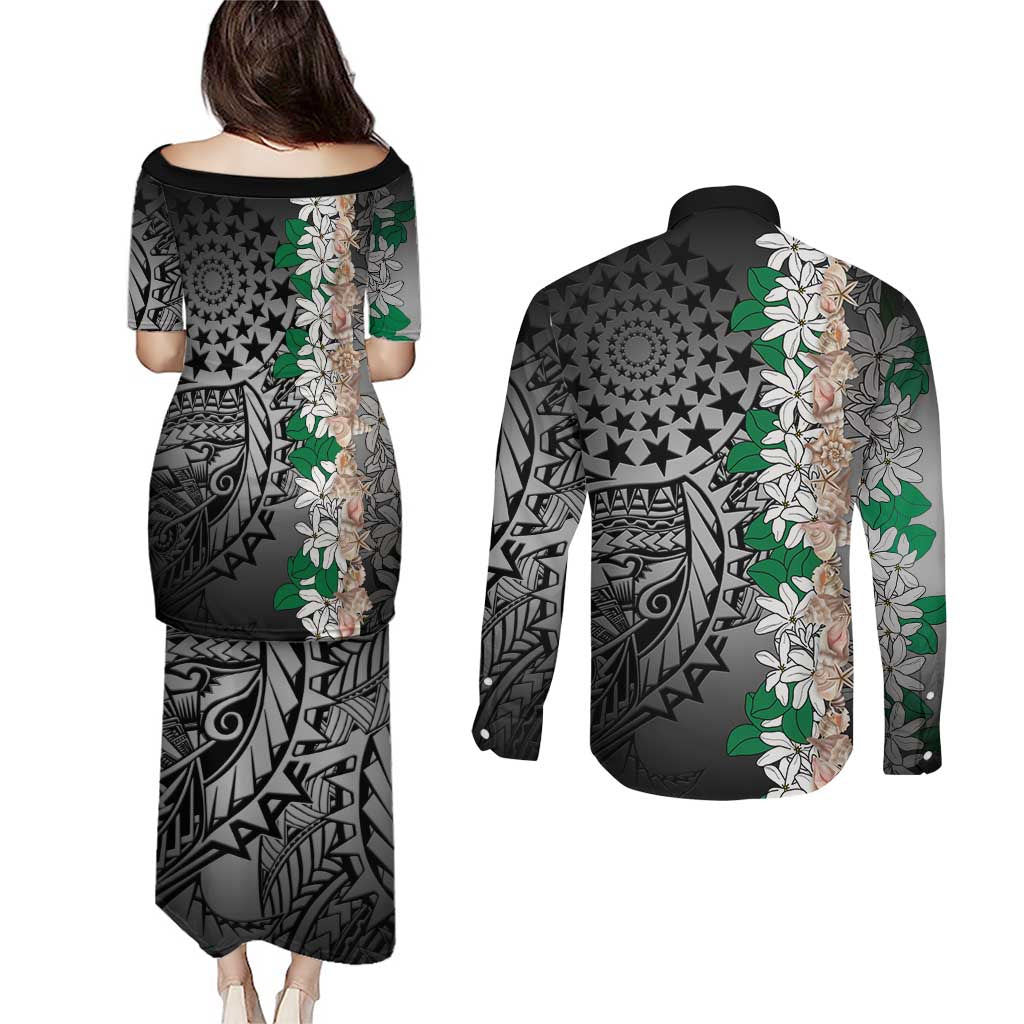 Cook Islands Tiare Maori With Conch Shell Couples Matching Puletasi and Long Sleeve Button Shirt Pasifika Fest Polynesian Tattoo Black