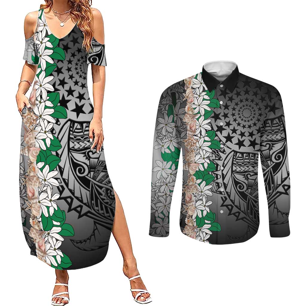 Cook Islands Tiare Maori With Conch Shell Couples Matching Summer Maxi Dress and Long Sleeve Button Shirt Pasifika Fest Polynesian Tattoo Black