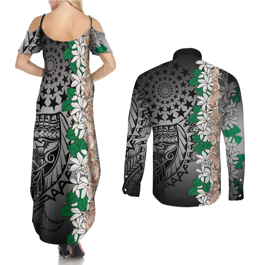Cook Islands Tiare Maori With Conch Shell Couples Matching Summer Maxi Dress and Long Sleeve Button Shirt Pasifika Fest Polynesian Tattoo Black