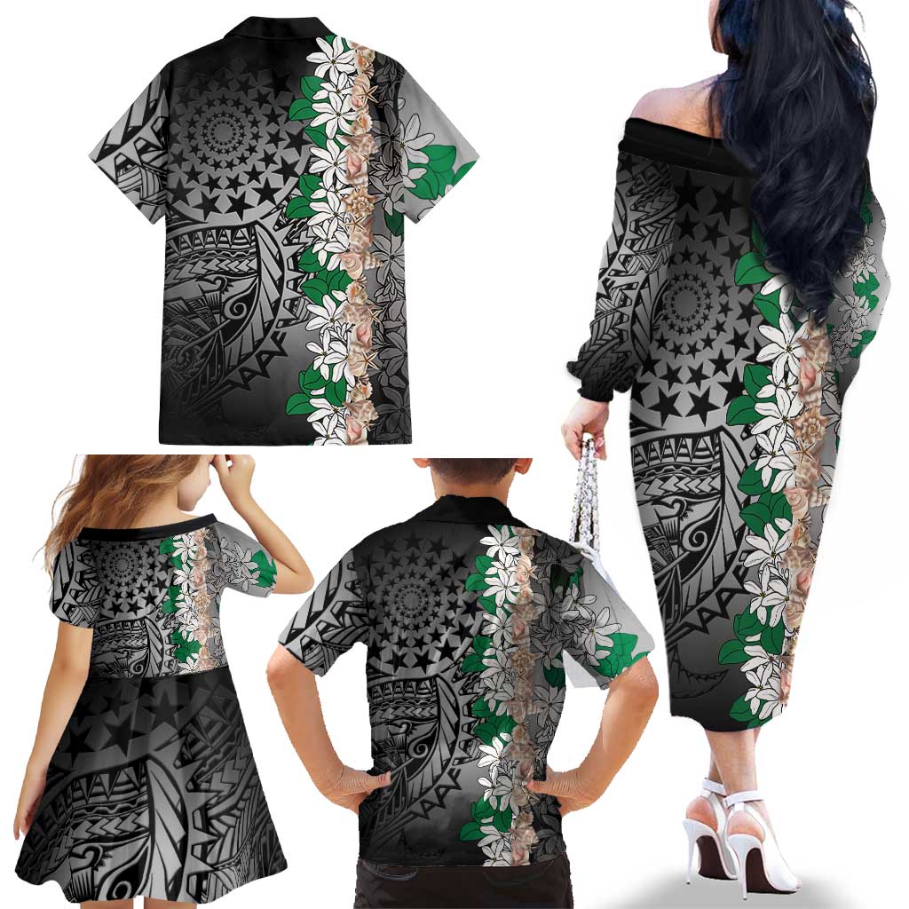 Cook Islands Tiare Maori With Conch Shell Family Matching Off The Shoulder Long Sleeve Dress and Hawaiian Shirt Pasifika Fest Polynesian Tattoo Black