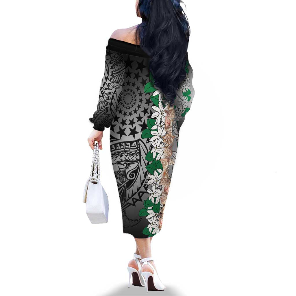 Cook Islands Tiare Maori With Conch Shell Family Matching Off The Shoulder Long Sleeve Dress and Hawaiian Shirt Pasifika Fest Polynesian Tattoo Black