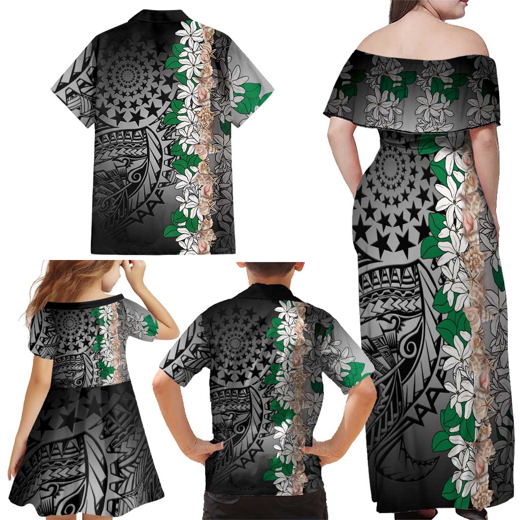 Cook Islands Tiare Maori With Conch Shell Family Matching Off Shoulder Maxi Dress and Hawaiian Shirt Pasifika Fest Polynesian Tattoo Black