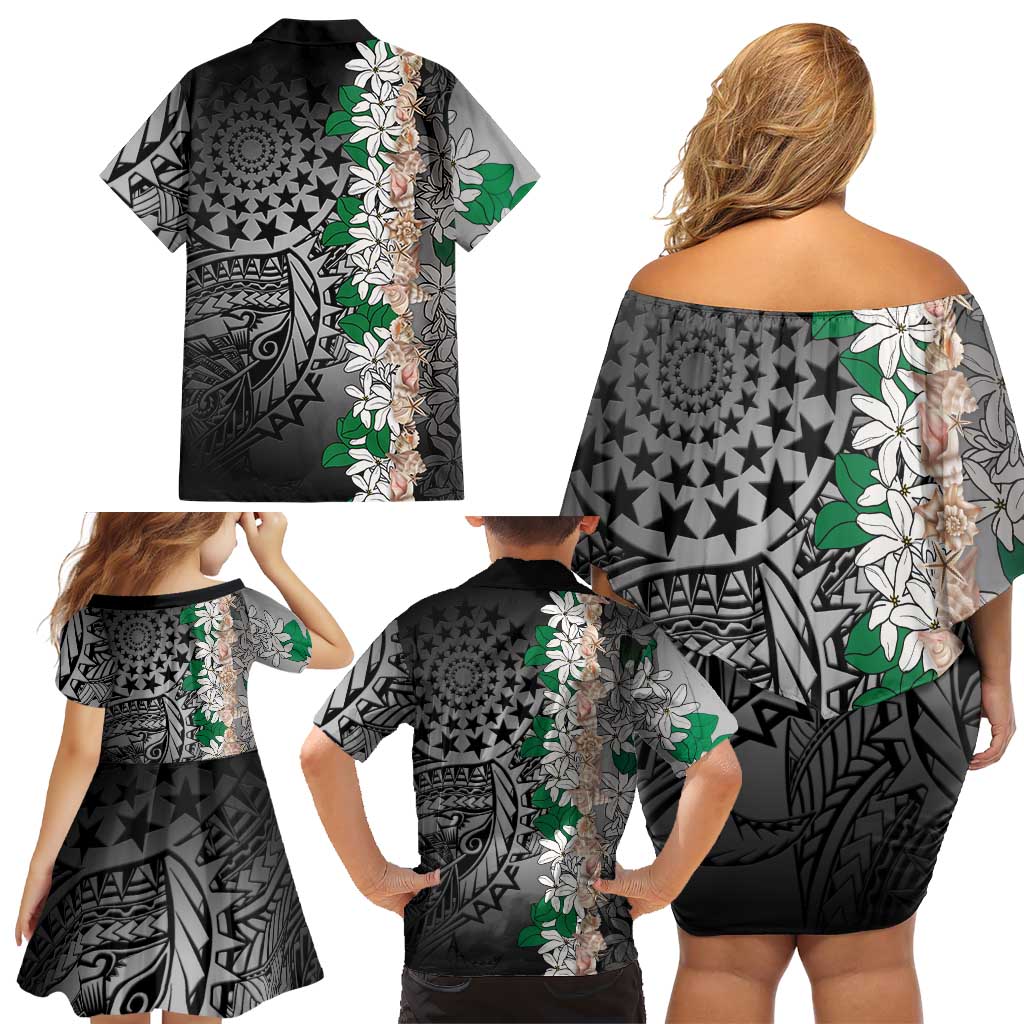 Cook Islands Tiare Maori With Conch Shell Family Matching Off Shoulder Short Dress and Hawaiian Shirt Pasifika Fest Polynesian Tattoo Black