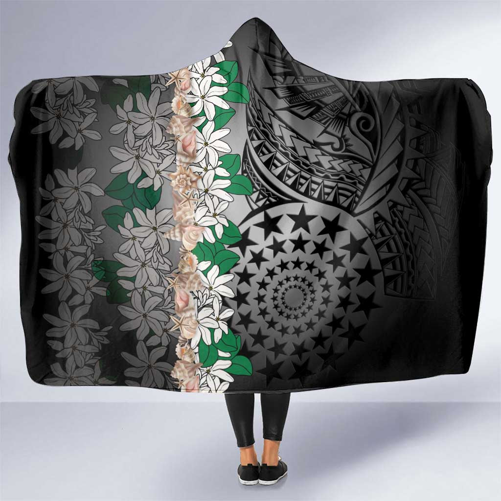Cook Islands Tiare Maori With Conch Shell Hooded Blanket Pasifika Fest Polynesian Tattoo Black