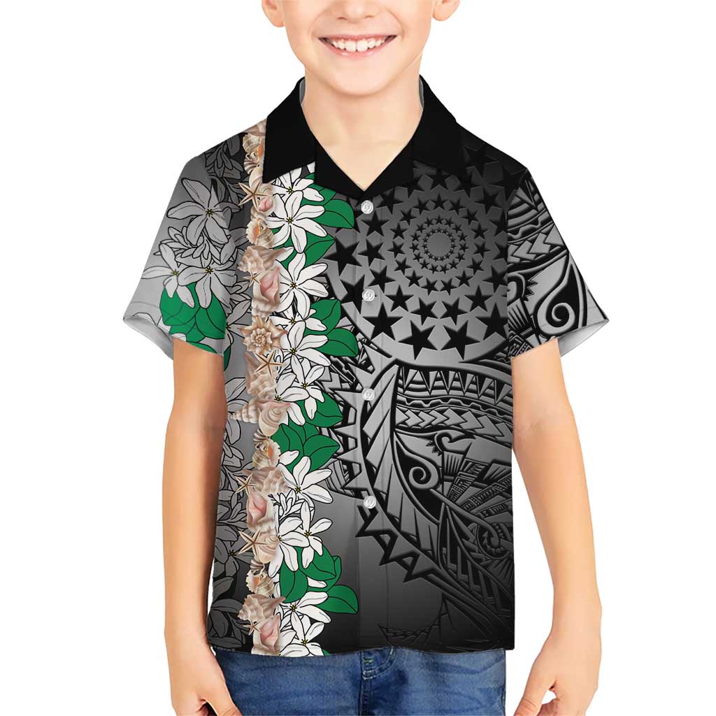 Cook Islands Tiare Maori With Conch Shell Kid Hawaiian Shirt Pasifika Fest Polynesian Tattoo Black LT14 Kid Black - Polynesian Pride