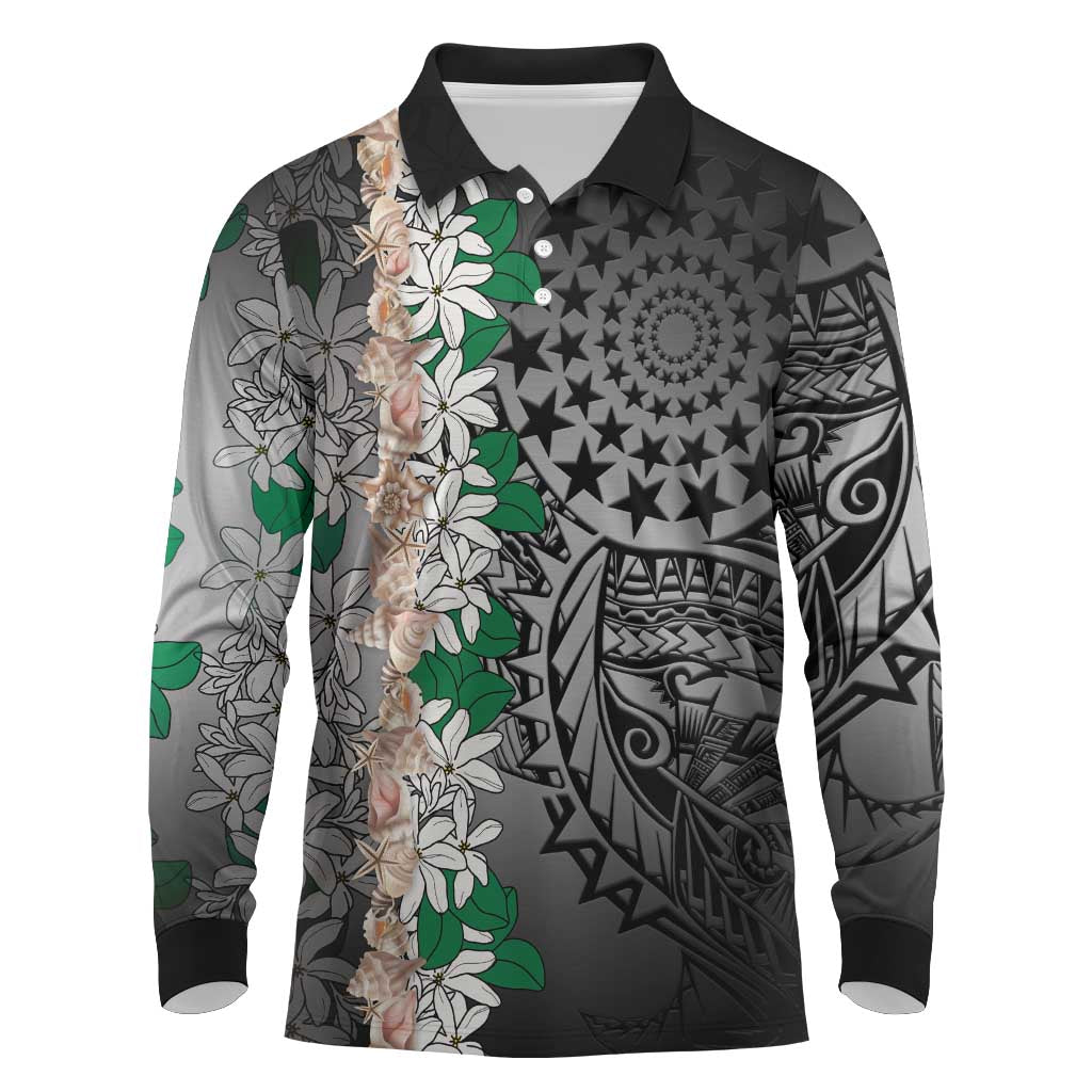 Cook Islands Tiare Maori With Conch Shell Long Sleeve Polo Shirt Pasifika Fest Polynesian Tattoo Black LT14 Black - Polynesian Pride