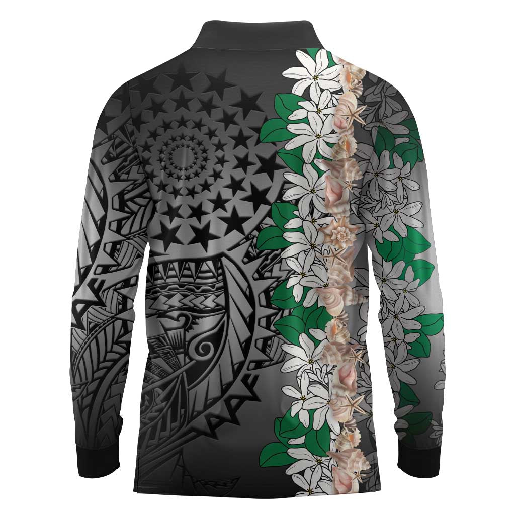 Cook Islands Tiare Maori With Conch Shell Long Sleeve Polo Shirt Pasifika Fest Polynesian Tattoo Black LT14 - Polynesian Pride