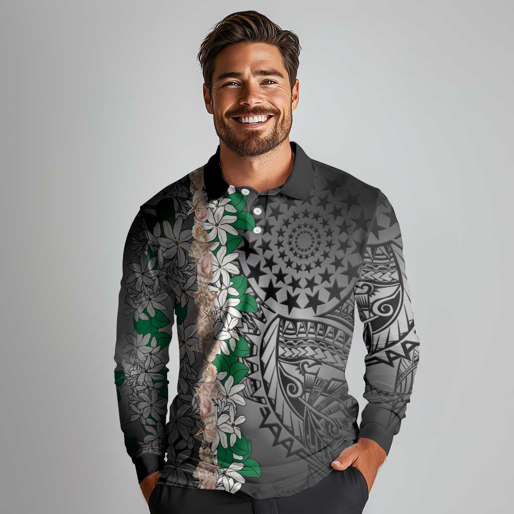 Cook Islands Tiare Maori With Conch Shell Long Sleeve Polo Shirt Pasifika Fest Polynesian Tattoo Black LT14 - Polynesian Pride