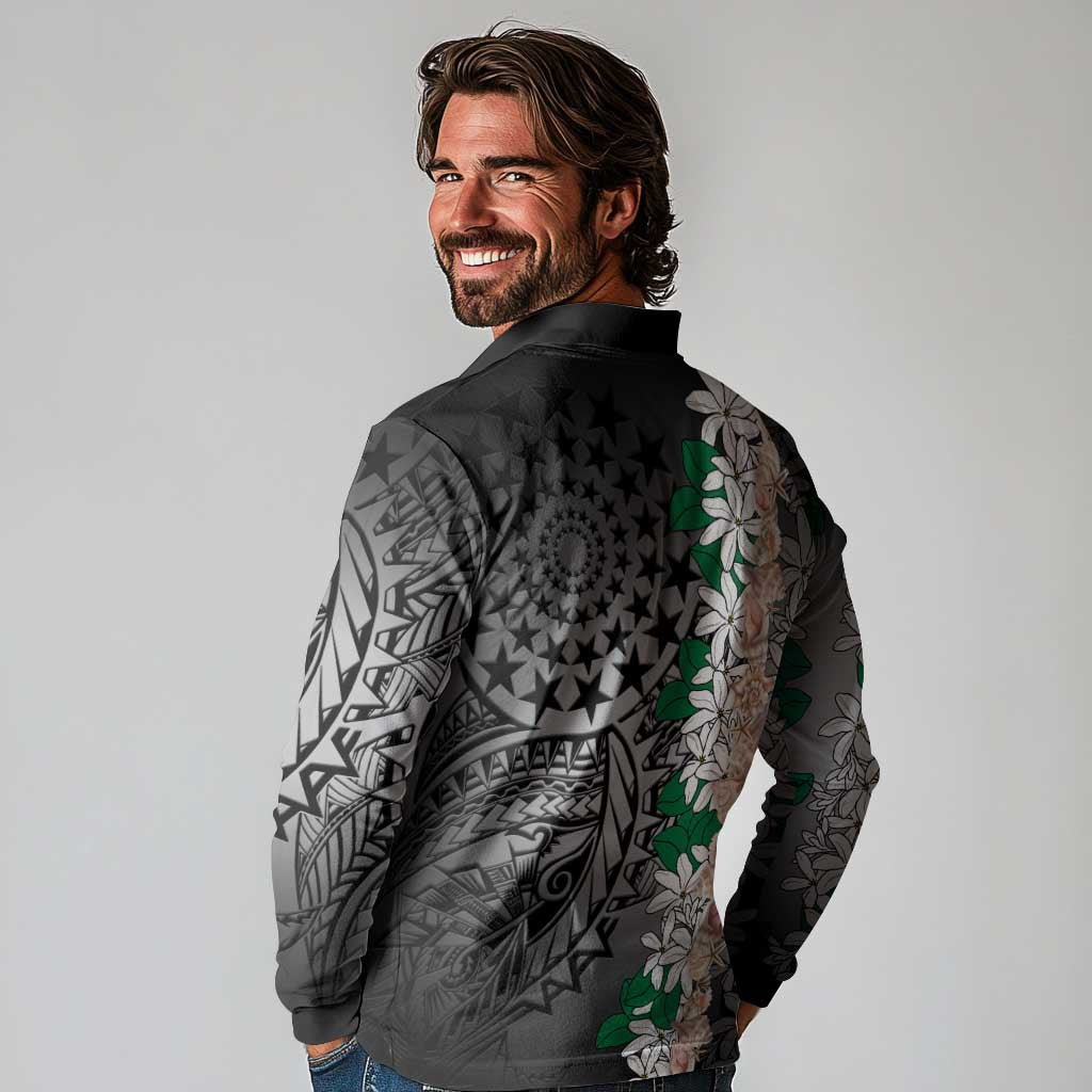 Cook Islands Tiare Maori With Conch Shell Long Sleeve Polo Shirt Pasifika Fest Polynesian Tattoo Black LT14 - Polynesian Pride