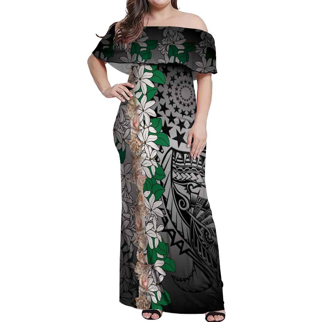 Cook Islands Tiare Maori With Conch Shell Off Shoulder Maxi Dress Pasifika Fest Polynesian Tattoo Black