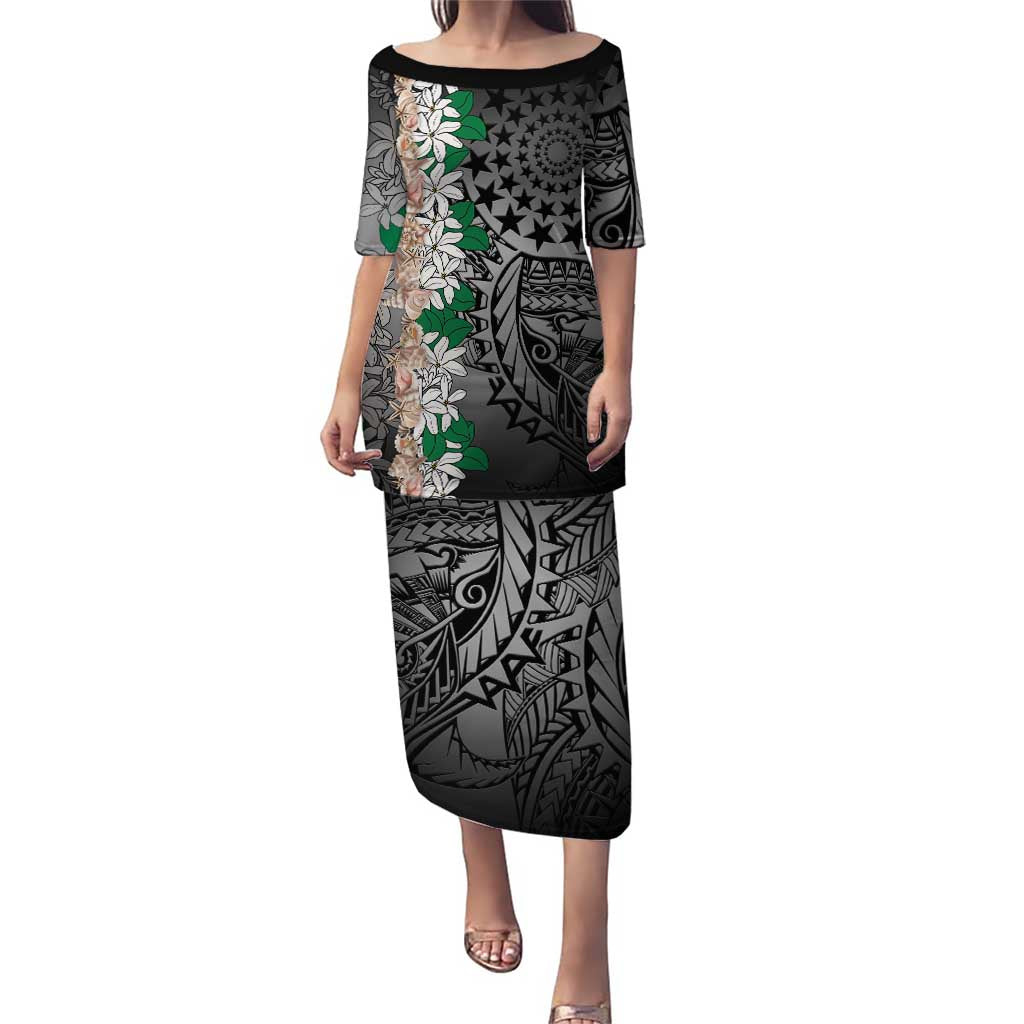 Cook Islands Tiare Maori With Conch Shell Puletasi Pasifika Fest Polynesian Tattoo Black LT14 Long Dress Black - Polynesian Pride