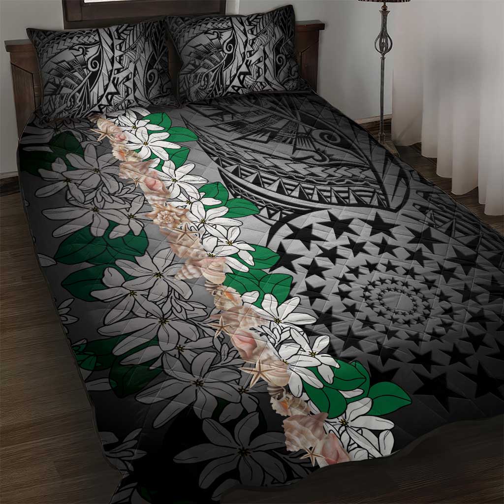 Cook Islands Tiare Maori With Conch Shell Quilt Bed Set Pasifika Fest Polynesian Tattoo Black