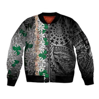 Cook Islands Tiare Maori With Conch Shell Sleeve Zip Bomber Jacket Pasifika Fest Polynesian Tattoo Black