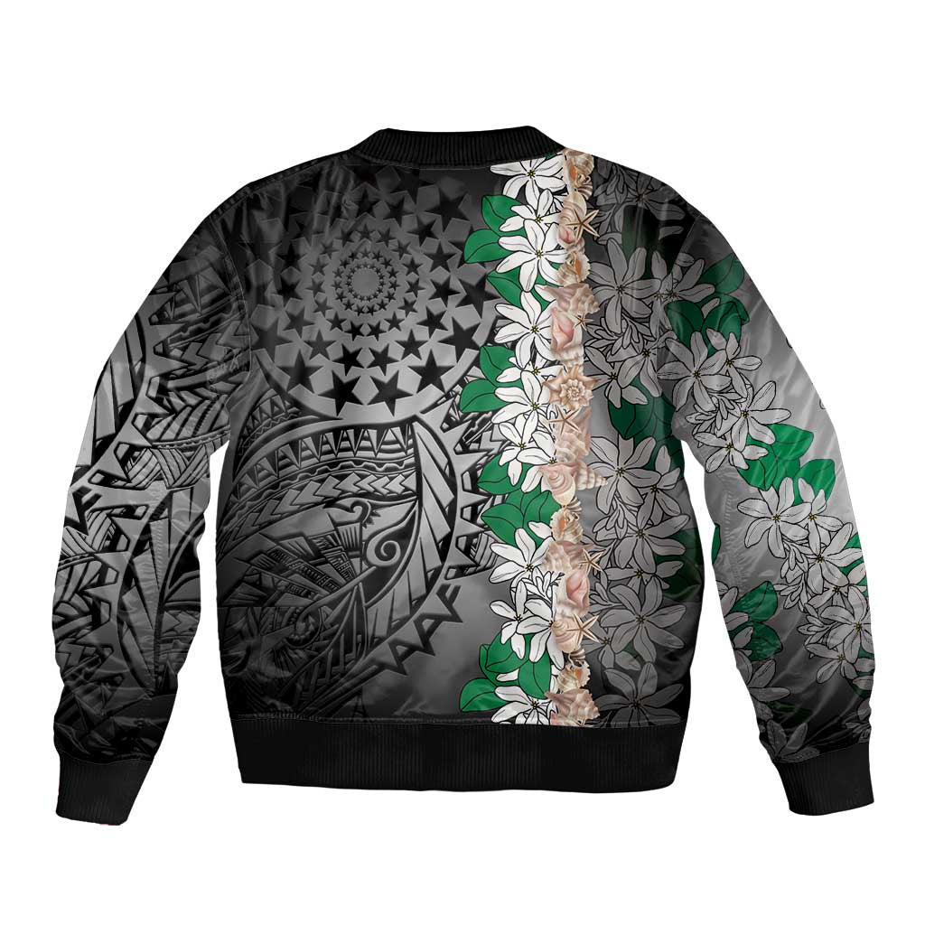 Cook Islands Tiare Maori With Conch Shell Sleeve Zip Bomber Jacket Pasifika Fest Polynesian Tattoo Black