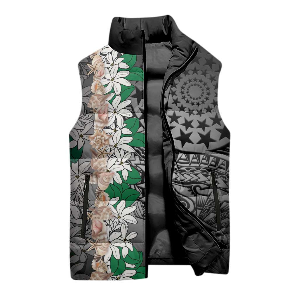 Cook Islands Tiare Maori With Conch Shell Sleeveless Puffer Jacket Pasifika Fest Polynesian Tattoo Black