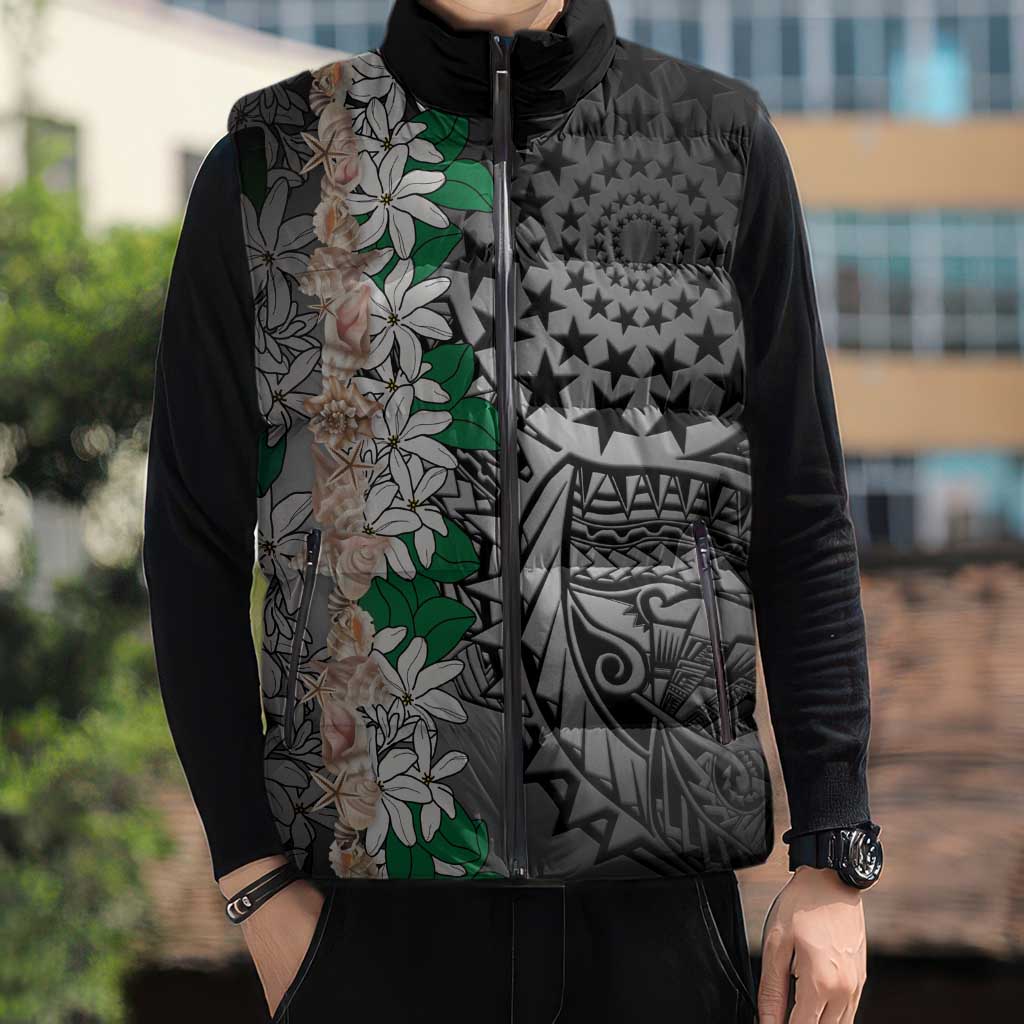 Cook Islands Tiare Maori With Conch Shell Sleeveless Puffer Jacket Pasifika Fest Polynesian Tattoo Black