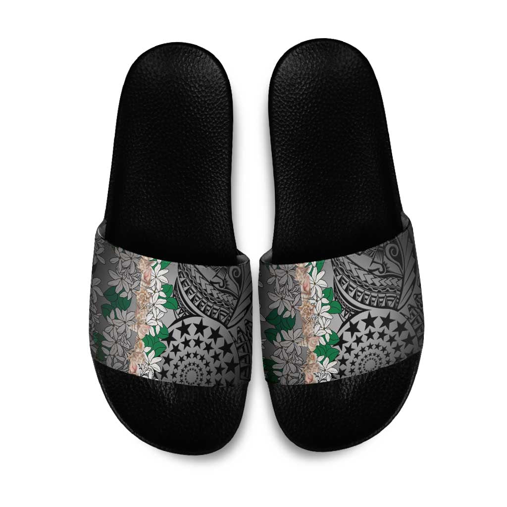 Cook Islands Tiare Maori With Conch Shell Slide Sandals Pasifika Fest Polynesian Tattoo Black