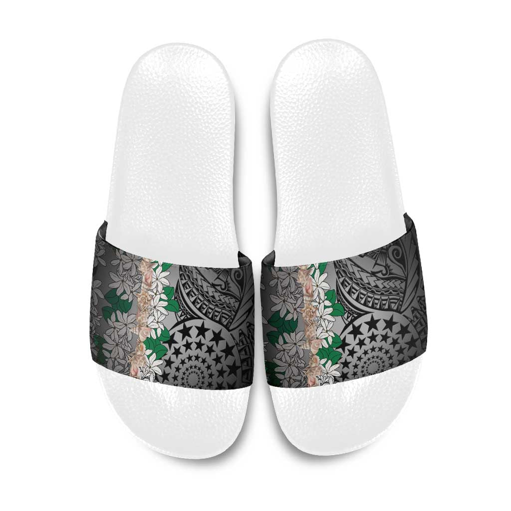 Cook Islands Tiare Maori With Conch Shell Slide Sandals Pasifika Fest Polynesian Tattoo Black