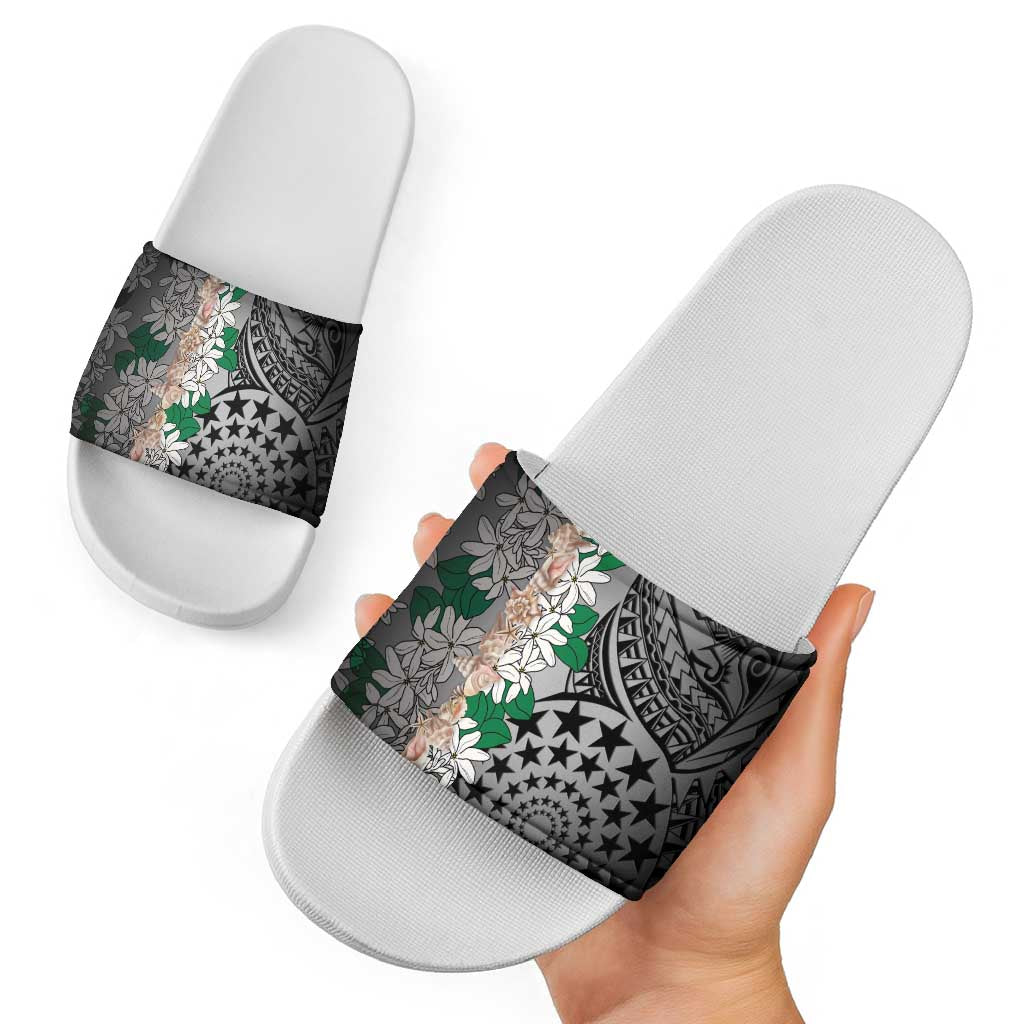 Cook Islands Tiare Maori With Conch Shell Slide Sandals Pasifika Fest Polynesian Tattoo Black