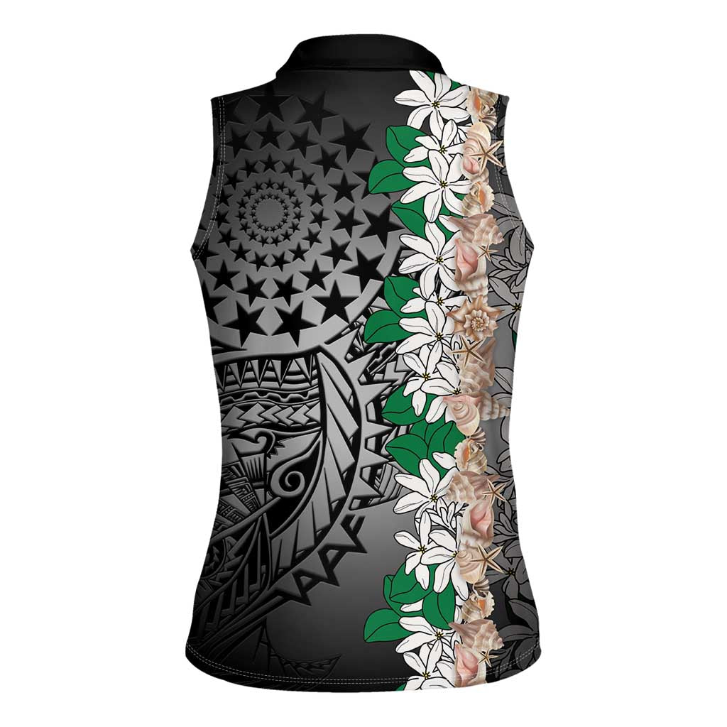 Cook Islands Tiare Maori With Conch Shell Women Sleeveless Polo Shirt Pasifika Fest Polynesian Tattoo Black
