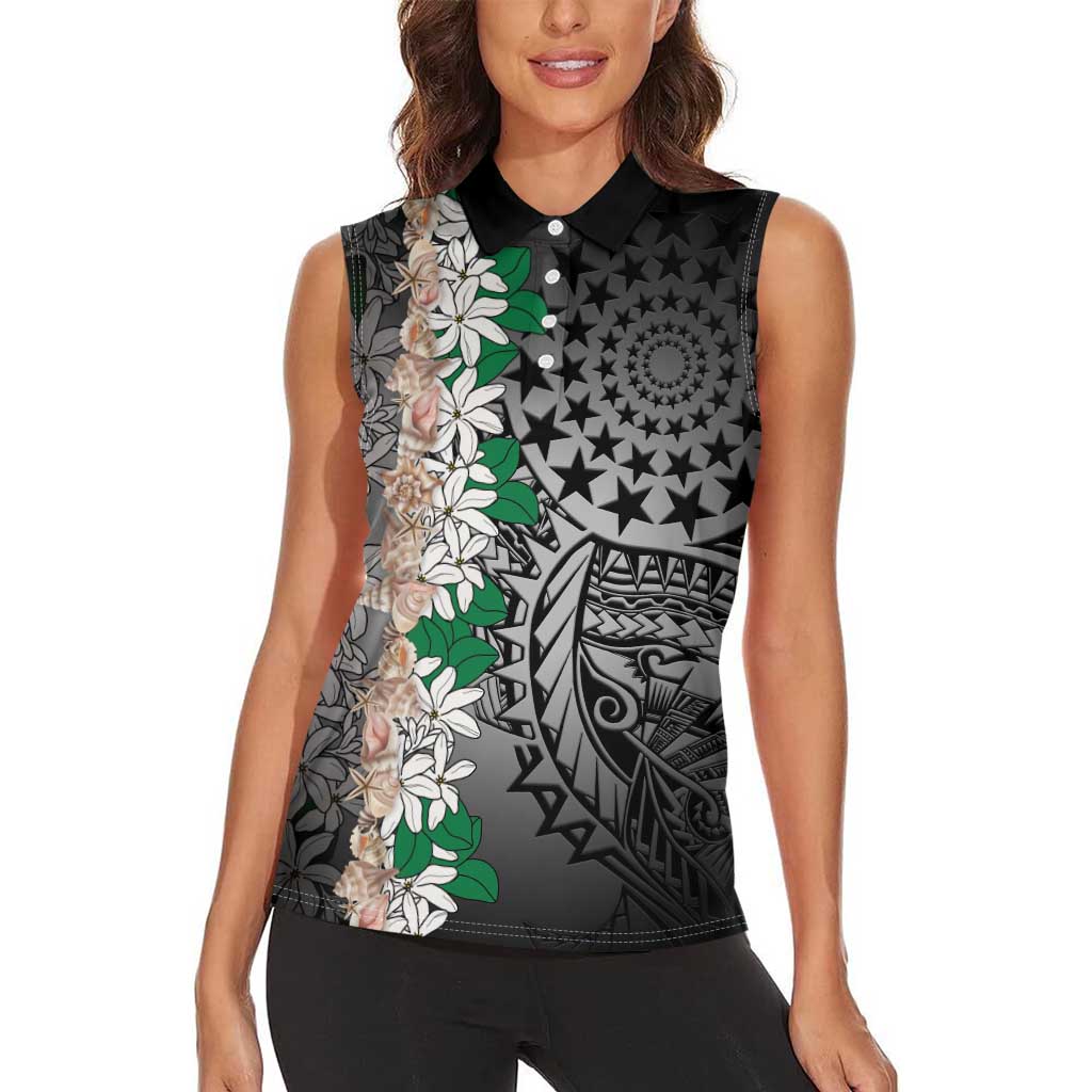 Cook Islands Tiare Maori With Conch Shell Women Sleeveless Polo Shirt Pasifika Fest Polynesian Tattoo Black